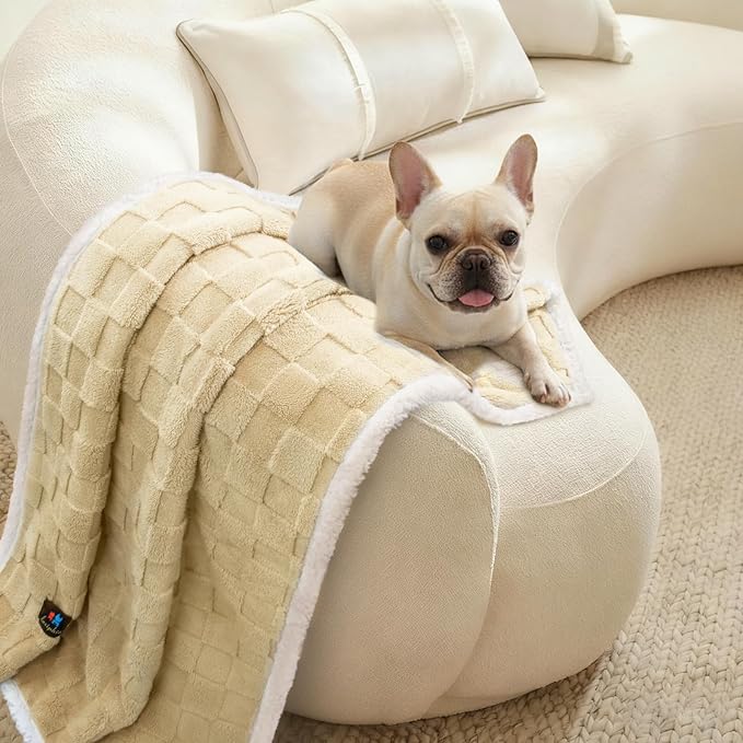 Luciphia Waterproof Dog Blanket for Medium Dogs Washable Soft Sherpa Fleece Cat Blankets with 3D Jacquard Cozy Calming Reversible Couch Protector Furniture Protection for Pet, Beige White, 57x40 inch