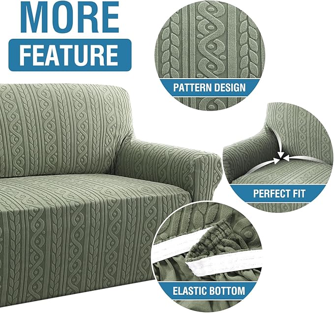 H.VERSAILTEX Couch Covers for 2 Cushion Sofa 1 Piece Stretch Loveseat Slipcover Pet Dog Universal Slip Cover Love Seat Covers Upgrade Thick Jacquard Fabric with Spiral Pattern(58"-70", Sea Grass)