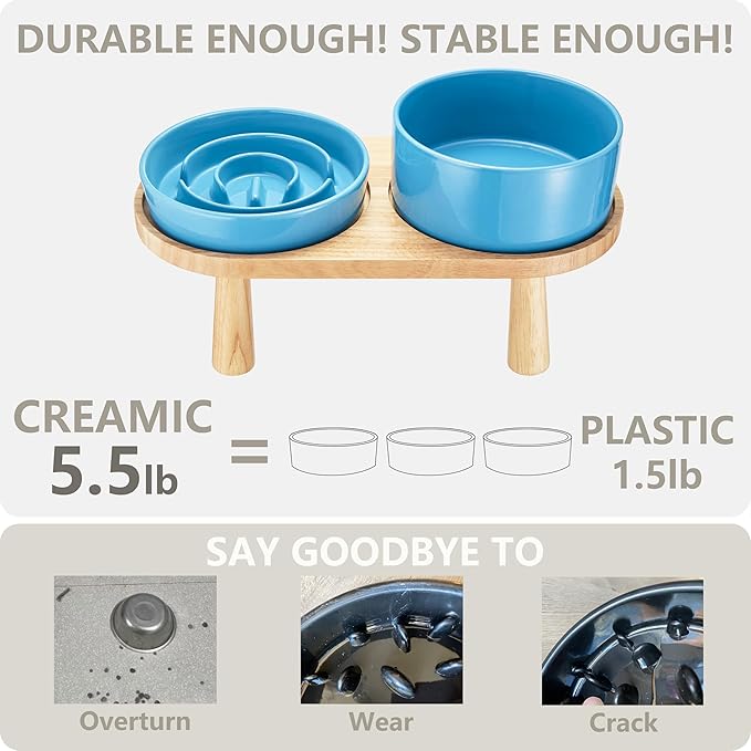 Ceramic Slow Feeder and Water Bowl Set for Small Dogs, 6.0 Inch Ceramic Dog Bowls Elevated with Wooden Stand, 0.6 Cups Dog Slow Feeder(14oz) and 30oz Water Bowl Set, Blue