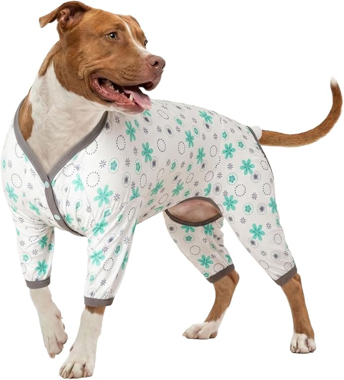 LovinPet Dog Pajamas for Large Dogs Boy,Pet Anxiety Relief PJ's,Uv Protection Pet Tshirt,Dog Comfy Stretchy Fabric,Mint Floral Print, Pullover Pitbull Clothes for All Seasons,Medium