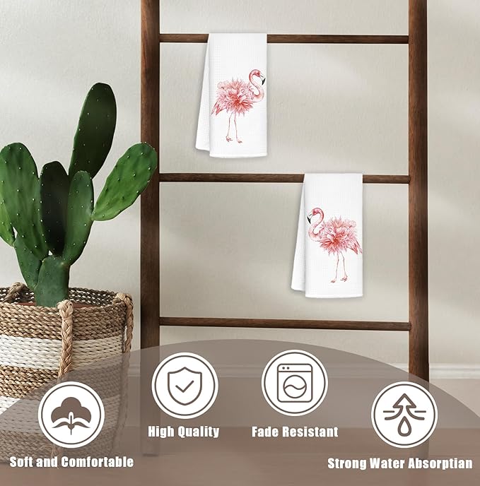 Pink Floral Flamingo Bathroom Hand Towels Set of 2, Flamingo Gifts for Women, Pink Flamingos Decor Hand Towels for Bath Room Washroom, Tropical Animal Kitchen Dish Towel, 16x24 Inch
