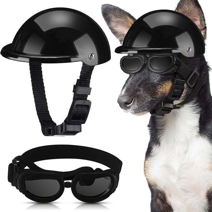 Frienda Dog Helmet and Goggles, UV Protection Doggy Sunglasses and 4 Inch Padded Puppy Motorcycle Helmet Adorable Dog Goggles with Adjustable Belt for Small Dogs Puppy Riding(Black,L)