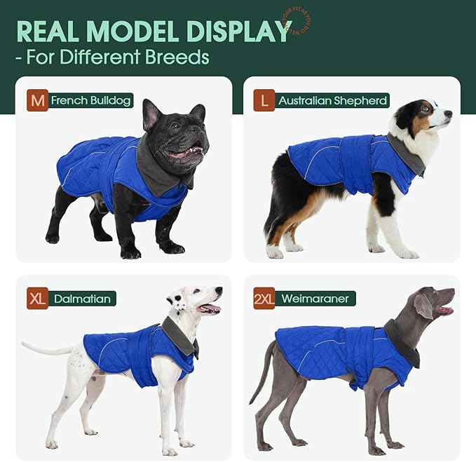 Kuoser Dog Winter Coat Waterproof Dog Snow Jacket, Warm Fleece Lined Pet Turtleneck Snowsuit Puppy Cold Weather Coats with Harness Hole, Adjustable Winter Vest for Medium Large Dogs, Blue, L