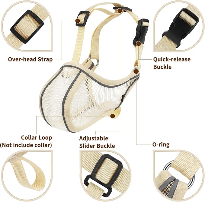 Mayerzon Dog Muzzle to Prevent Biting Scavenging Chewing, Soft Mesh Puppy Muzzles for Small Sized Dogs, Breathable, Reflective, Adjustable Mouth Guard for Grooming Walking Training (XS, Khaki)