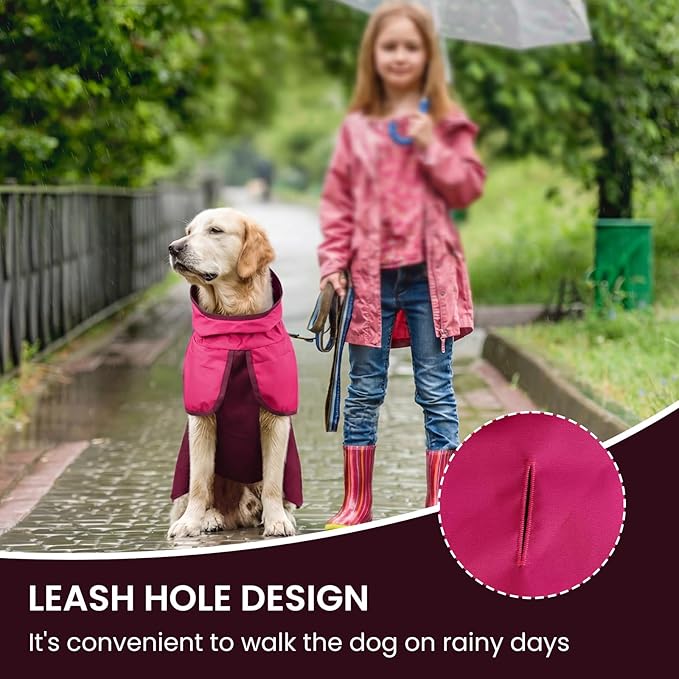 BRKURLEG Dog Raincoat Adjustable Dog Rain Jacket with Hood Dogs Waterproof Rainproof Jacket with Leash Hole Pet Poncho Rain Coat Poncho with Reflective Strip, Rose Red, XXL