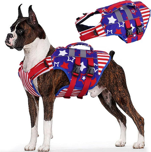 Kuoser XXL Dog Life Jacket, High Flotation Large Dog Life Vest for Swimming Boating, Reflective Dog Swimming Vest Pet Life Preserver with Rescue Handle, Flag XXL