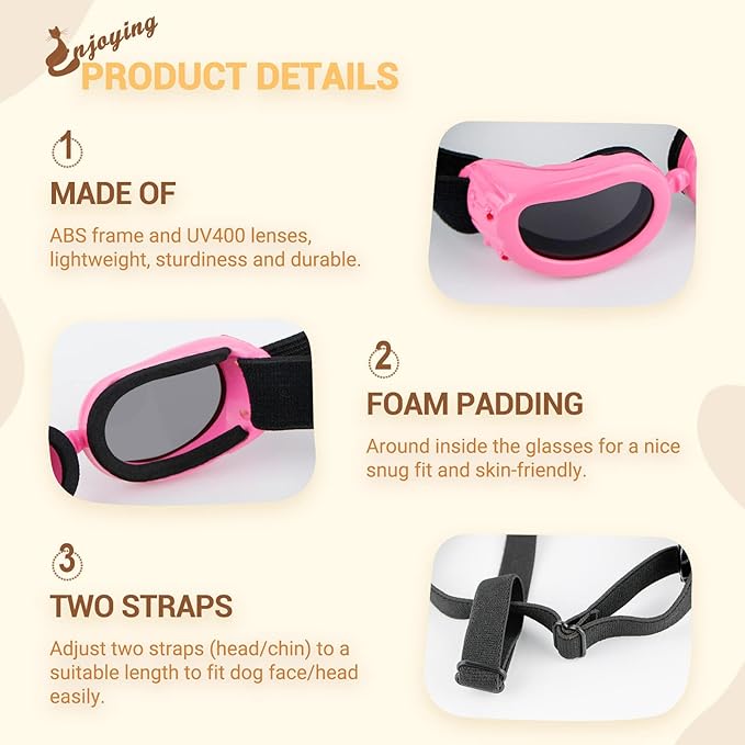 Enjoying Dog Goggles Small Breed, Dog Sunglasses UV Protection, Cycling Eye Protection for Small Dogs, Breathable Windproof Dustproof Anti-Fog, Adjustable Straps, Classic Pink
