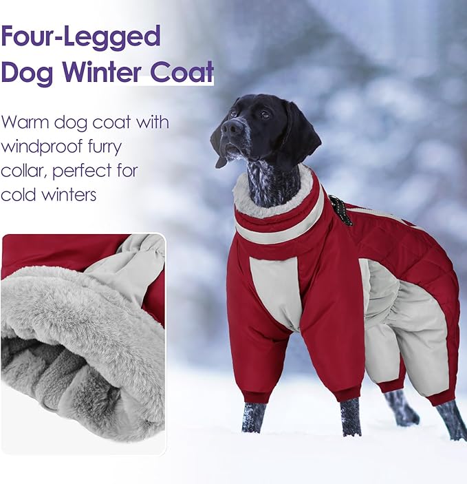 SUNFURA Full Body Dog Coat - Warm Fleece Jacket for Large Dogs, Turtleneck Winter Coats with Harness, Reflective Dog Snowsuit Windproof Puffer Jackets with Legs for Weimaraner, Burgundy XL