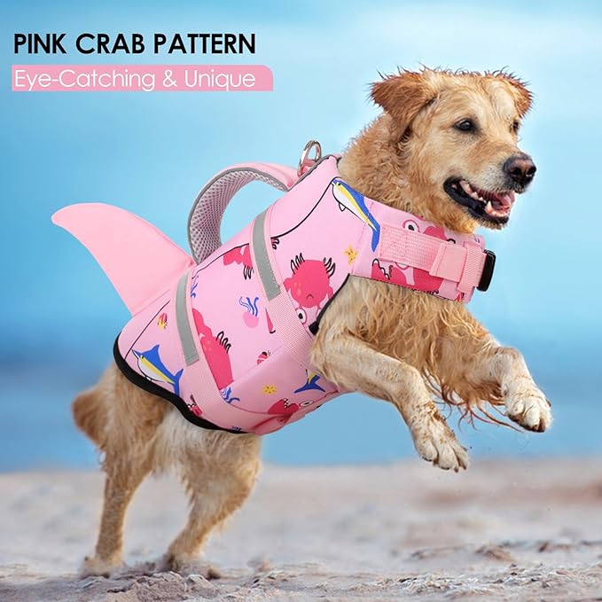 AOFITEE Dog Life Jacket, Dog Life Vest for Swimming, Shark Dogs Swimming Vest with Rescue Handle and Reflective Stripe, Ripstop Pet Float Coat Swimsuit Lifesaver Small Medium Large Dogs Pink M