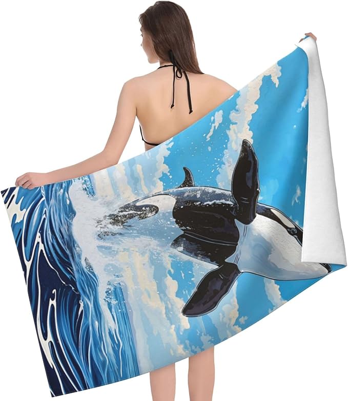 Orca Ocean Beach Towel 31inx51in, Sea Animal Sand-Free Microfiber Bath Towel Ultra Soft Quick Dry Pool Towel Absorbent Towel Lightweight Towel for Swimming Bathroom Decor