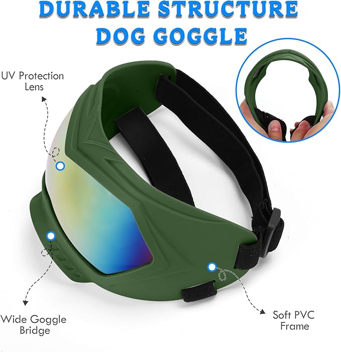 Large Dog Sunglasses Dog Goggles Pet Glasses Pet Eyewear with Adjustable Strap, Glasses for Medium Large Dog Swimming Skating Glasses Windproof Dustproof UV Proof (Green-Coloful)