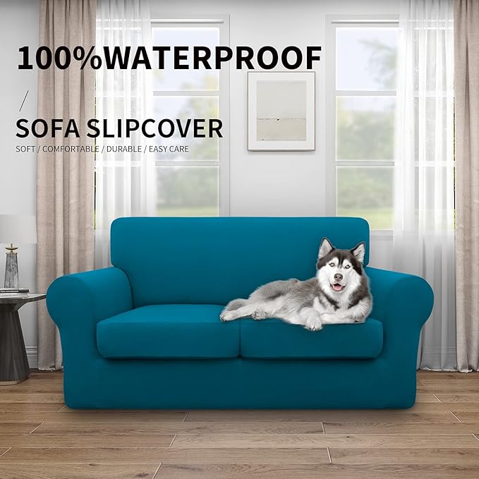 Easy-Going 100% Dual Waterproof 3 Pieces Loveseat Cover Stretch Soft Couch Cover for Dogs, Sofa Slipcover for 2 Separate Cushion Couch Leakproof Furniture Protector for Kids, Pets Peacock Blue