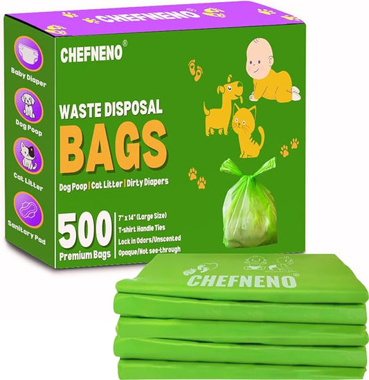 Baby Diaper Bag Disposable Biodegradable Unscented Easy Tie Handles (500 Bags) Made w/EPI Additive Bulk Diaper Sacks Dog Poop Waste Bags Cat Litter Clump & Poop Bags Sanitary Pad Waste Bags (500 ct.)