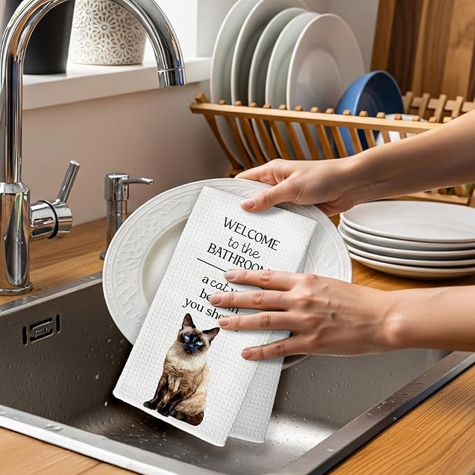 Funny Siamese Cat Hand Towels, Siamese Cats Gifts for Cats Lovers Women Hand Towel, A Cat Will Be with You Shortly Decorative Towel for Bathroom Toilet, Cute Kitty Bathroom Decor, 16x24in