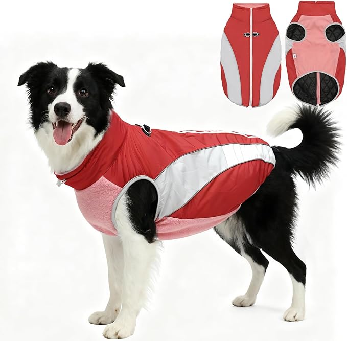 Dog Coats for Medium Dogs with Harness Built in, Waterproof Dog Jacket Warm Pet Winter Coat Snowsuit for Cold Weather, Reflective Fleece Windproof Jacket, Red, U-LDMF01L
