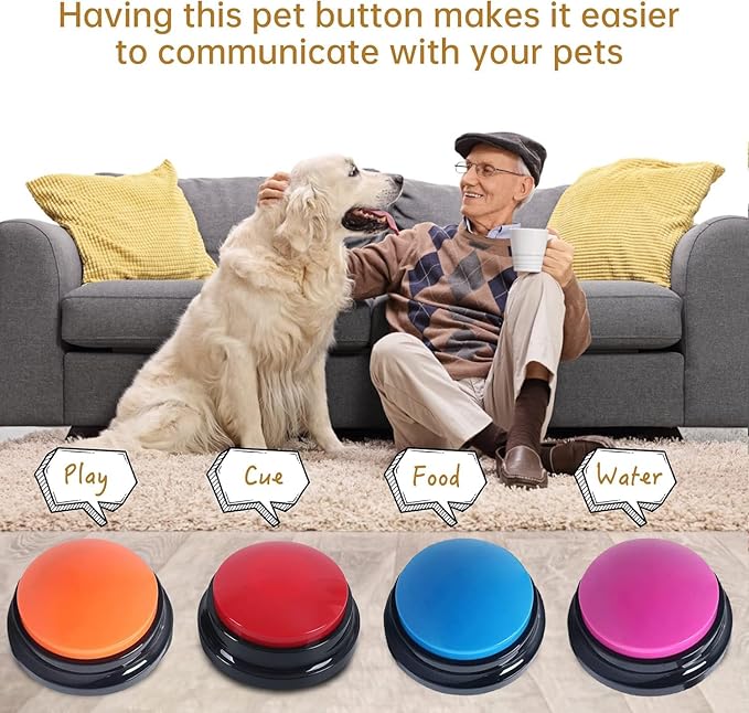 Voice Recording Button, Dog Buttons for Communication Pet Training Buzzer, 30 Second Voice Record and Playback, Funny Gift for Study Office Home 4 Pack Red/Blue/Rose/Orange