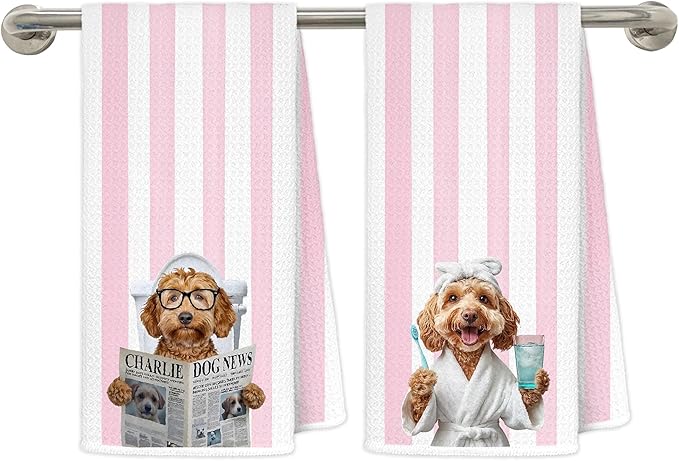 Pink Poodle Bathroom Hand Towels, Poodle Gifts for Women, Funny Newspaper Bathrobe Dog Decorative Hand Towels for Guest Bathroom Washroom Half Bath, 16x24 Inch Set of 2