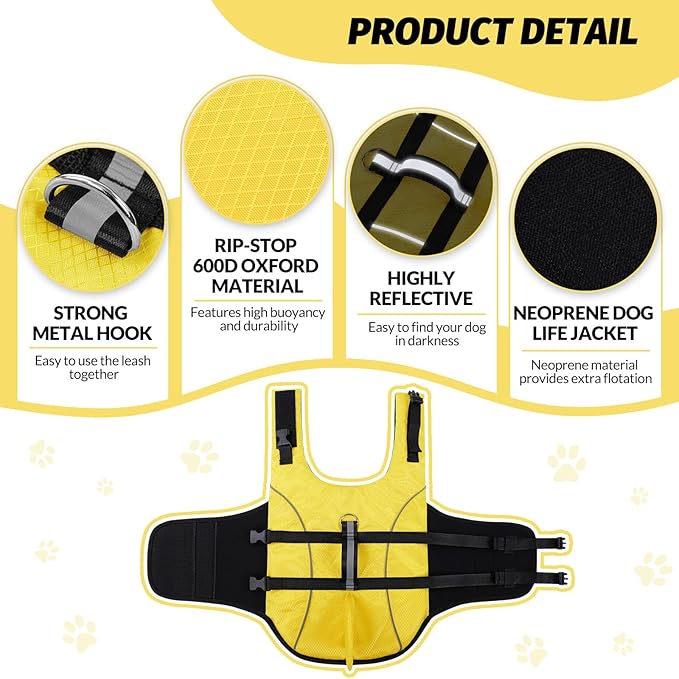 Queenmore Medium Dog Life Jacket, Dog Life Vest for Swimming with Shark Fin, Ripstop Dog Lifevests for Boating with Handle/Leash Hook, Pet Safety Water Vest for French Bulldogs Dachshunds (Yellow,M)