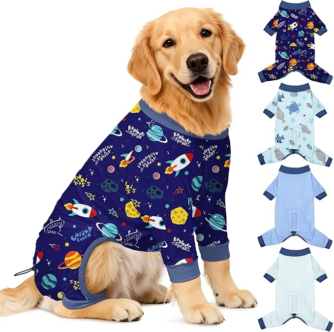 Bienbee Dog Pajamas, 4 Pack Dog Recovery Suit Shedding Suit Cute Soft Puppy Clothes Dogs Pjs Onesies Jammies Adjustable Breathable & Stretchy Clothes for Small Medium Large Dogs Girl Boy Puppy-2XL