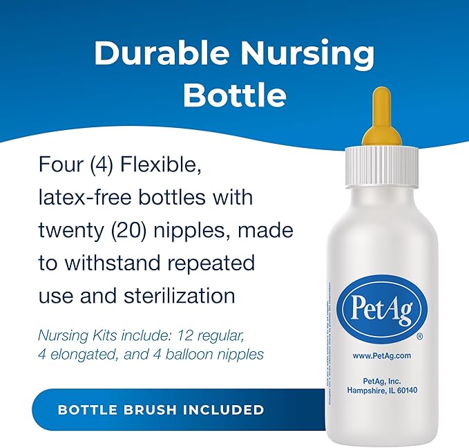 Pet-Ag Nursing Kit - 2 oz, Pack of 4 - Promotes The Natural Feeding of Liquids to Baby Animals - Each Kit Includes 2 oz. Bottle with Cap, 5 Nipples & Cleaning Brush