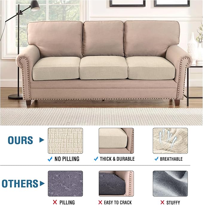 H.VERSAILTEX Jacquard Couch Cushion Covers High Stretch Sofa Covers for 3 Cushion Couch Furniture Protector Spandex Anti-Slip Soft Thickened Slipcovers Crizzle Pattern(3 Seat Covers, Ivory)