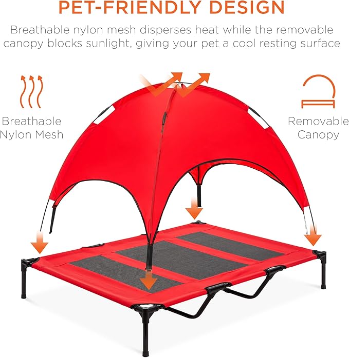 Best Choice Products 48in Elevated Cooling Dog Bed, Outdoor Raised Mesh Pet Cot w/Removable Canopy Shade Tent, Carrying Bag, Breathable Fabric - Red