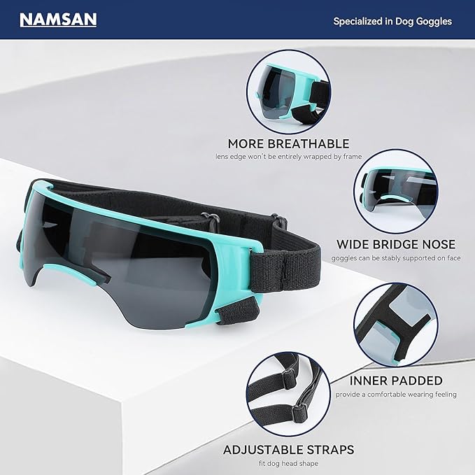 NAMSAN Dog Goggles Small Breeds, UV Protection Dog Glasses for Small Dogs, Puppy Sunglases Windproof Dustproof Driving Eye Protection, Adjustable, Cute Blue