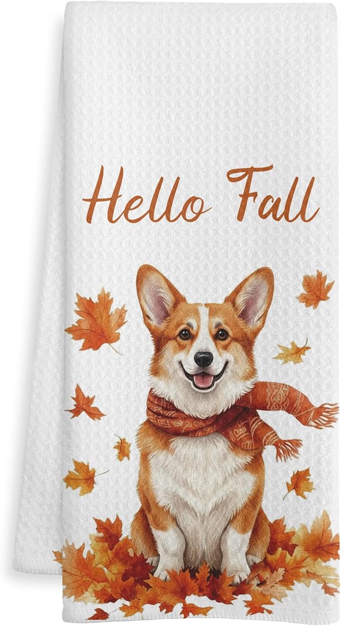 Fall Corgi Kitchen Towels, Corgi Lover Gifts Dish Tea Towel for Kitchen Decor, Farmhouse Fall Autumn Maple Leaf Dog Hand Towels for Bathroom Decor,16X24 Inch
