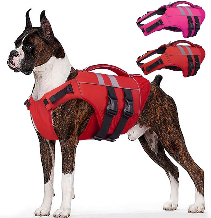 Kuoser XXL Dog Life Jacket, High Flotation Large Dog Water Vest for Swimming Boating, Reflective Doggie Swimming Vest Pet Life Preserver with Rescue Handle, Red XXL
