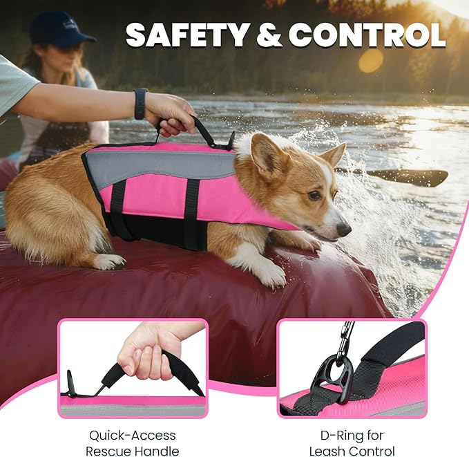 VIVAGLORY Front Float Dog Life Vest, Dog Life Jacket for Swimming & Boating, Swimming Vest with Chin Float & Handle, Ripstop & Buoyancy for Puppy Doggy, S, Pink
