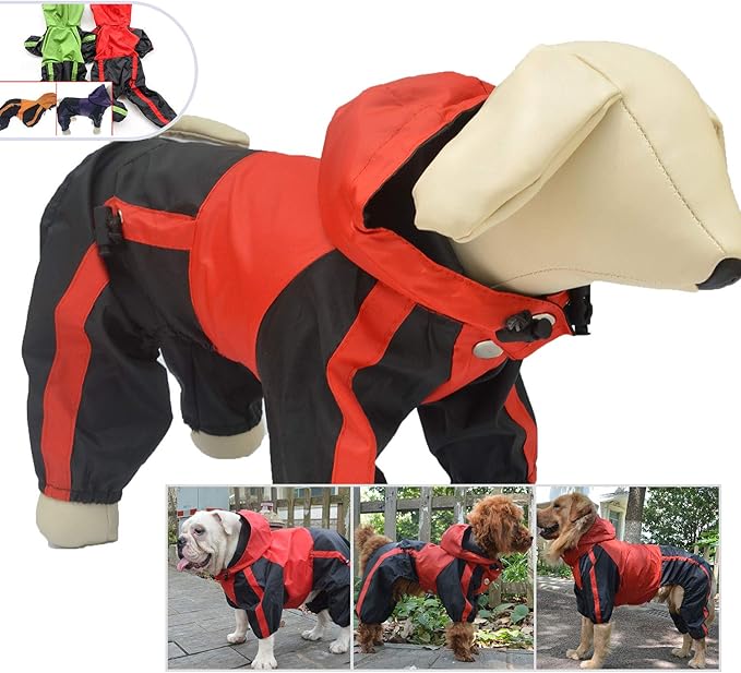 Lovelonglong American Bully Pitbull Dog Hooded Raincoat, Bulldog Rain Jacket Poncho Waterproof Clothes with Hood Breathable 4 Feet Four Legs Rain Coats for Pugs English French Bulldog Red B-M