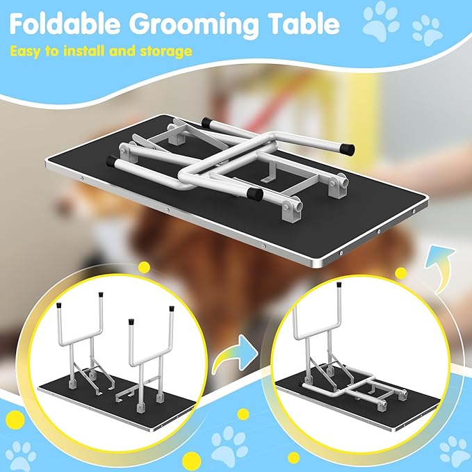 Lyromix 42''Large Dog Grooming Table, Adjustable Cat Drying Desktop with Arms, Nooses, Mesh Tray, Foldable Pet Station at Home, Maximum Capacity Up to 330Lb, 42inch, Black