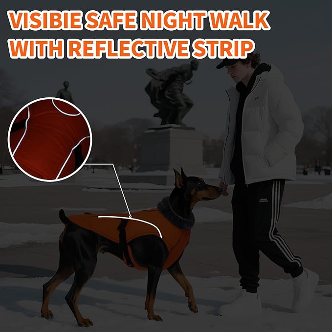 DENTRUN Winter Warm Dog Coat Reflective Jacket with Turtleneck for Cold Weather, Adjustable Buckle Windproof Water Repellent, Thick Snowsuit Fleece Vest for Small, Medium, Large Dogs, Orange, XL
