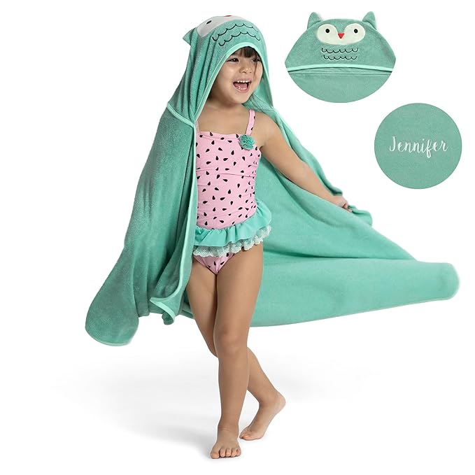 Delta Children Personalized Kids Hooded Bath Towel with Pockets - Super Soft and Absorbent- Great Gift for Boys and Girls, Light Teal Owl