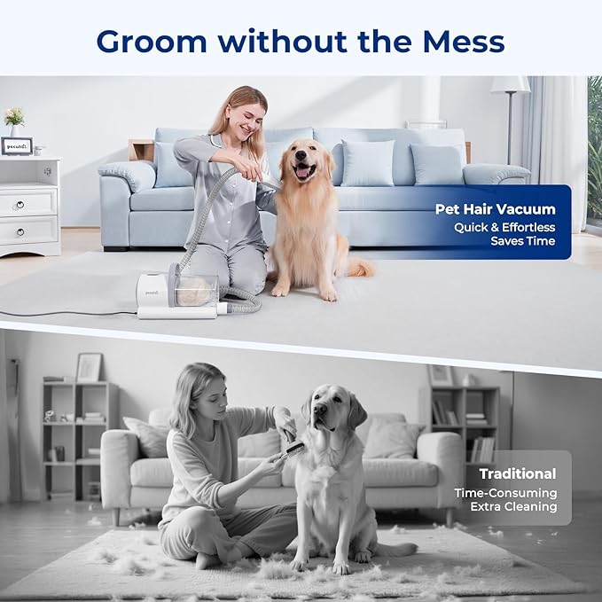 Pecute Self-Cleaning Slicker Brush for Dogs & 4-in-1 Pet Grooming Vacuum Kit with Clipper, Brush