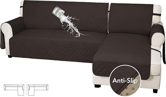 Easy-Going Waterproof Sectional Couch Covers with Chaise 2-Piece Non Slip L Shape Sofa Cover for Dogs Leakproof Furniture Protector Cover with Adjustable Strap for Pets (X-Large, Chocolate)