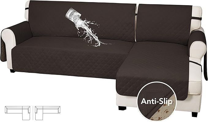 Easy-Going Waterproof Sectional Couch Covers with Chaise 2-Piece Non Slip L Shape Sofa Cover for Dogs Leakproof Furniture Protector Cover with Adjustable Strap for Pets (Large, Chocolate)
