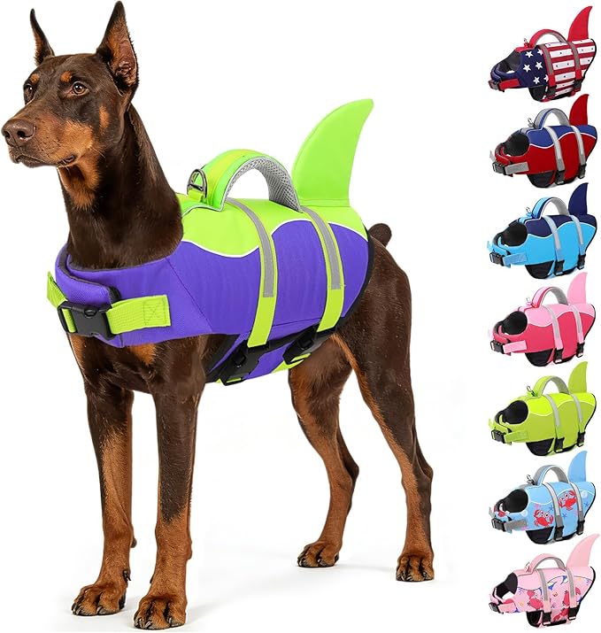 AOFITEE Dog Life Jacket, Dog Life Vest for Swimming, Shark Dogs Swimming Vest with Rescue Handle and Reflective Stripe, Ripstop Pet Float Coat Swimsuit Lifesaver Small Medium Large Dogs Green L