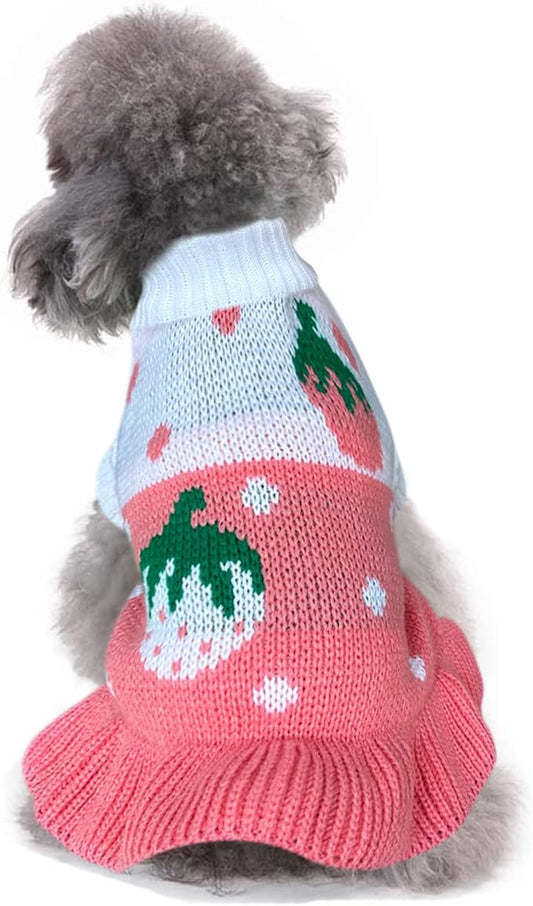 CHBORCHICEN Pet Dog Sweaters Classic Knitwear Turtleneck Winter Warm Puppy Clothing Cute Strawberry and Heart Doggie Sweater (XS, Dress-Pink)