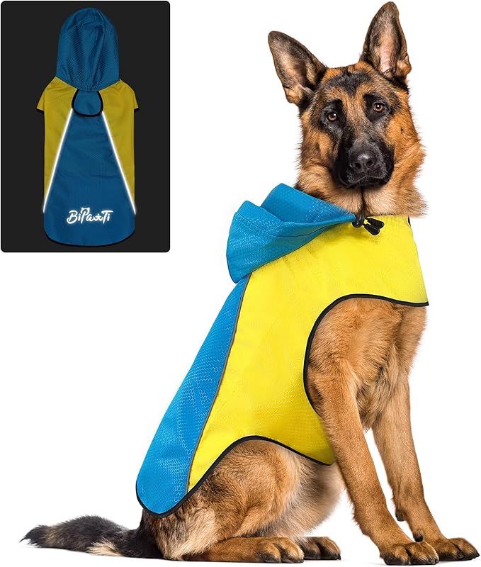 Dog Rain Jackets for Large Dogs, Lightweight Reflective Safety Pet Rain Coats, Waterproof Dog Raincoats with Hood/Leash Hole/Reflective Strip - Yellow + Blue, L