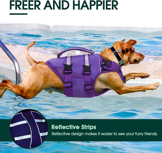 Kuoser Dog Life Jacket, High Flotation Dog Life Vest for Swimming Boating, Adjustable Ripstop Pet Lifesaver for Small Medium and Large Dogs, Reflective Safety Puppy Swimming Vest with Rescue Handle