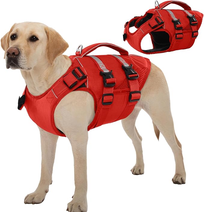 Kuoser Dog Life Jacket, High Flotation Dog Life Vest for Swimming Boating, Adjustable Ripstop Pet Lifesaver for Small Medium and Large Dogs, Reflective Safety Puppy Swimming Vest with Rescue Handle