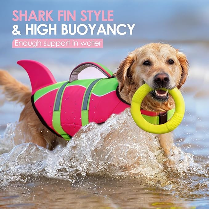 AOFITEE Dog Life Jacket, Dog Life Vest for Swimming, Shark Dogs Swimming Vest with Rescue Handle and Reflective Stripe, Ripstop Pet Float Coat Swimsuit Lifesaver Small Medium Large Dogs Hot Pink XL