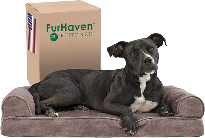 Furhaven Memory Foam Dog Bed for Medium/Small Dogs w/ Removable Bolsters & Washable Cover, For Dogs Up to 35 lbs - Faux Fur & Velvet Sofa - Driftwood Brown, Medium