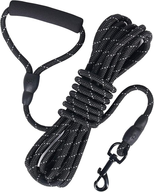 Vivifying Long Dog Leash, 20ft Reflective Dog Training Leash for Outside and Yard, Floating Long Line Lead with Soft Handle for Beach and Swimming (Black)