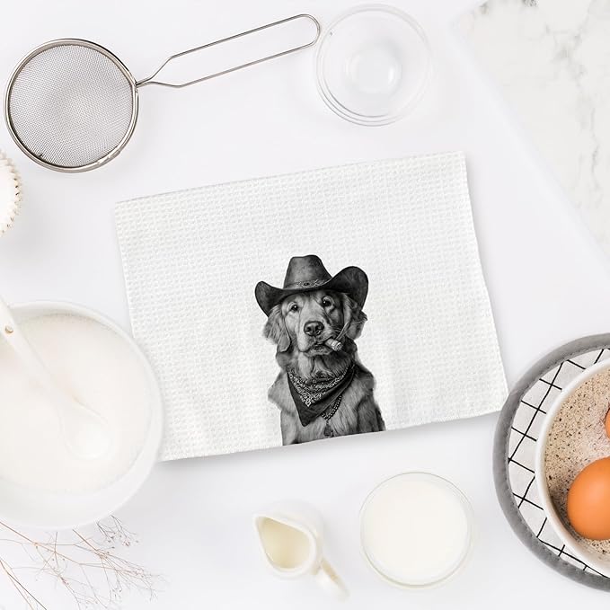 Golden Retriever Gifts Western Dog Kitchen Towels, Gifts for Golden Retriever Lovers Cowboy Decorative Hand Dish Tea Towel for Kitchen, Funny Dog Cowboy Cowgirl Home Bathroom Decor(16x24In)