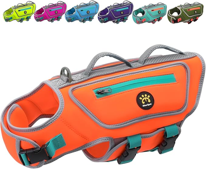 Dog Life Vest for Swimming, High Flotation Dog Life Jacket for Large Dogs Good Visibility Reflective Puppy Floating Vest, Adjustable Neoprene Pet Swimsuit with Rescue Handle, Orange, L