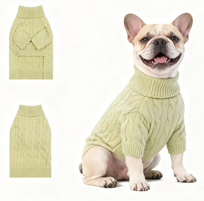 Small/Medium Dog Sweater, Warm Dog Winter Coat w/Sleeves, Comfortable High Neck Premium Dog Clothes for Bulldog-Best for Holidays, Daily Walks L Light Green