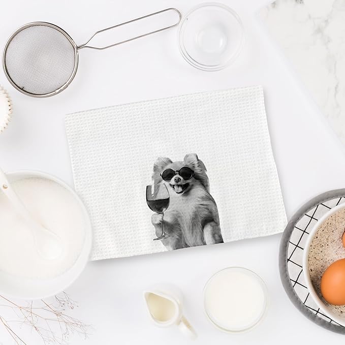 Pomeranian Gifts Wine Dog Kitchen Towels, Gifts for Pomeranian Dog Wine Lovers Decorative Hand Dish Towel for Kitchen Home Bar, Funny PomeranianDog WineLover Home Bar Kitchens Decor(16x24 Inch)