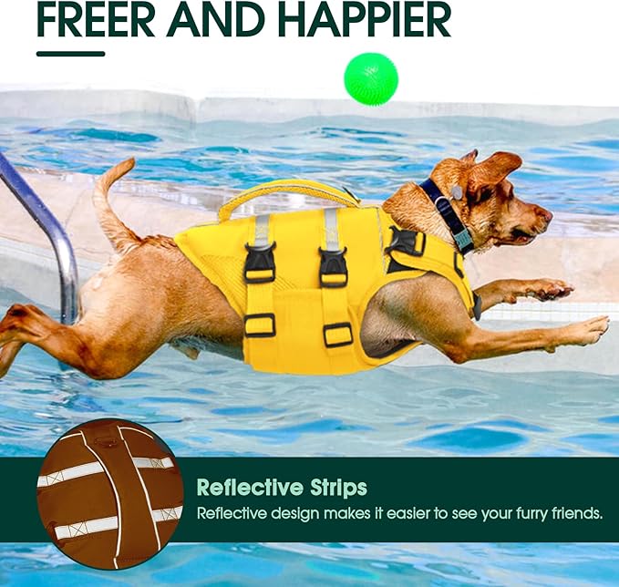 Kuoser Dog Life Jacket, High Flotation Dog Life Vest for Swimming Boating, Adjustable Ripstop Pet Lifesaver for Small Medium and Large Dogs, Reflective Safety Puppy Swimming Vest with Rescue Handle
